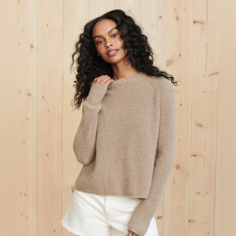 JENNI KAYNE Cashmere Fisherman Sweater in Undyed Stone Beige Size Small EUC